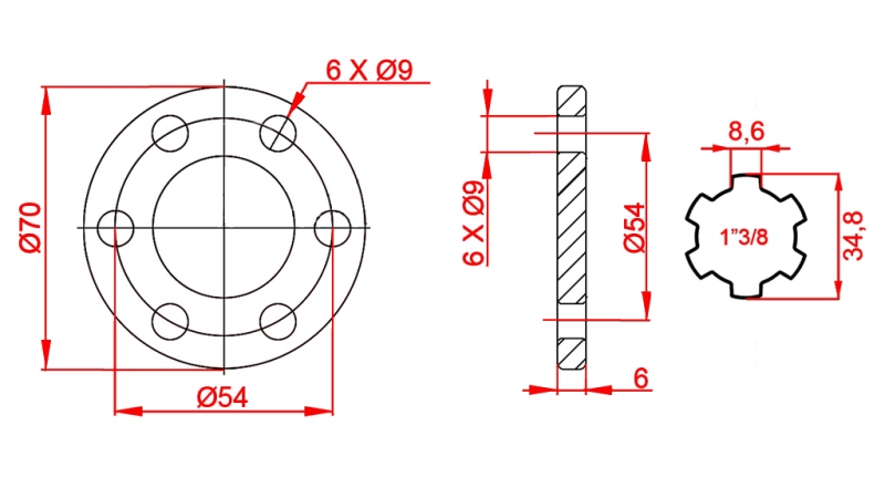 KARDANOVÝ ADAPTÉR S PŘÍRUBOU 6 OTVORŮ 1-3/8 (90 mm)
