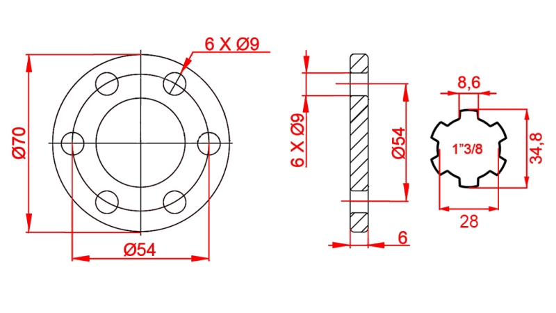 KARDANO ADAPTERIS SU FLANŠU 6 SKYLĖS 1-3/8 (90 mm)