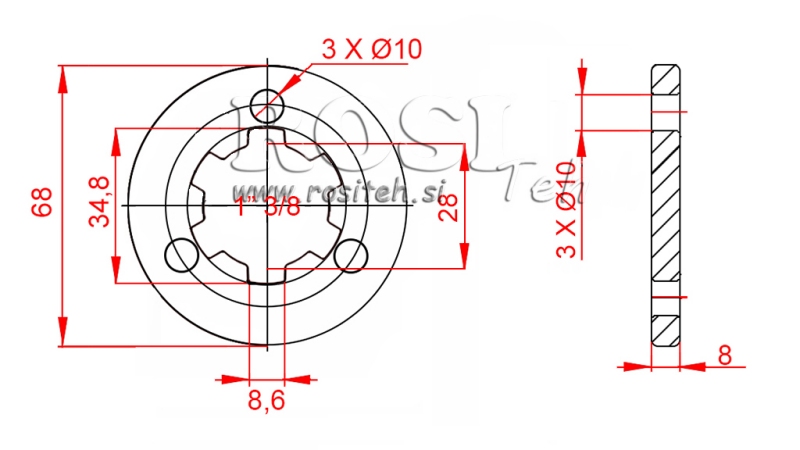 KARDANSKI NASTAVEK S PRIROBNICO 3 LUKNJE IN ZATIČEM 1-3/8 (80 mm)