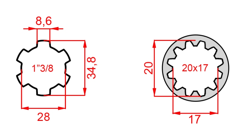 KARDANSKI NASTAVEK iz 20x17 (12 zob) na 1-3/8 (120 mm)