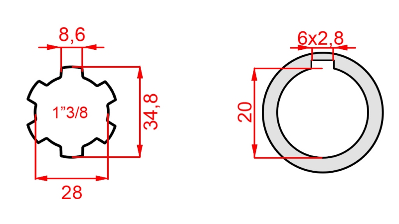 KARDANOVÝ ADAPTÉR 1-3/8 - OTVOR fi 20 mm (145 mm)