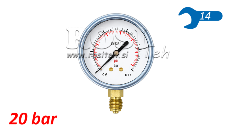 MANOMETER DN63 VERTICAL 0 - 20 BAR - 1/4