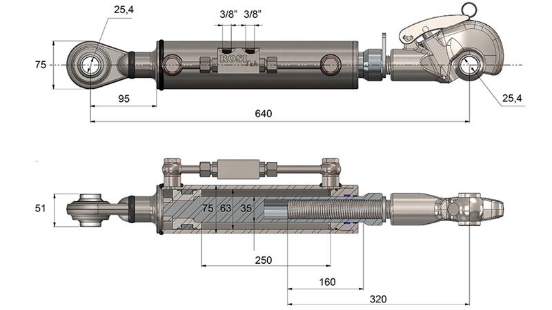 THREADED HYDRAULIC TOP LINK WITH HOOK - CAT. 2 - 63/35-250 (45-95 HP) (25,4 mm)