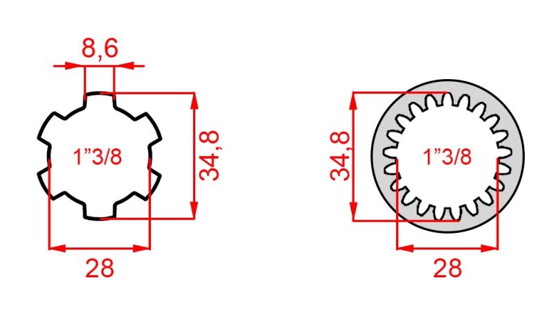 ZAPFWELLENADAPTER VON 1-3/8 (21 VERZAHNUNGEN) AUF 1-3/8 (150 mm)