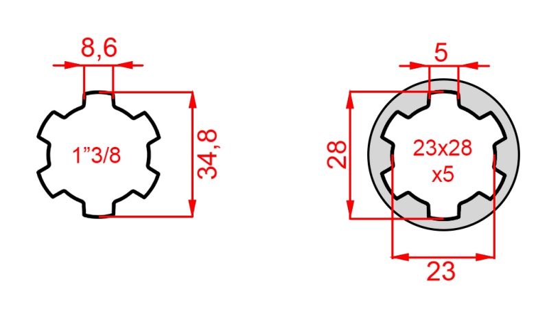 PTO ADAPTER FROM 23x28x6 (6 SPLINES) TO 1-3/8 (140 mm)