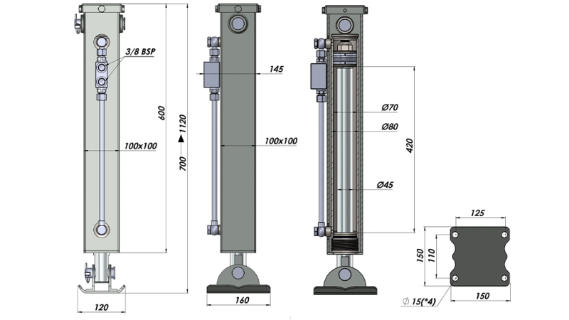 DIVPUSĒJAS DARBĪBAS HIDRAULISKĀ ATBALSTA KĀJA (100x100x700 mm) - GAJIENS 420 mm - 5.000 kg
