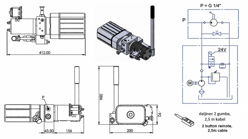 MINI HYDRAULIKENHED 24V DC - 0.8KW = 0.5CC - 1.5 LITER - ENKELTVIRKENDE ENHED (PVC) MED MANUEL PUMPE