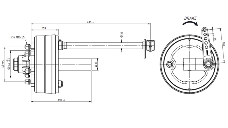 POŁOWA OSI Z HAMULCAMI 3.600 KG DŁ. 250 MM