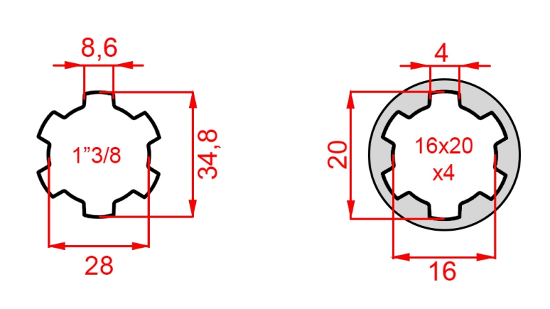 ZAPFWELLENADAPTER VON 16x20x4 (6 VERZAHNUNGEN) AUF 1-3/8 (120 mm)