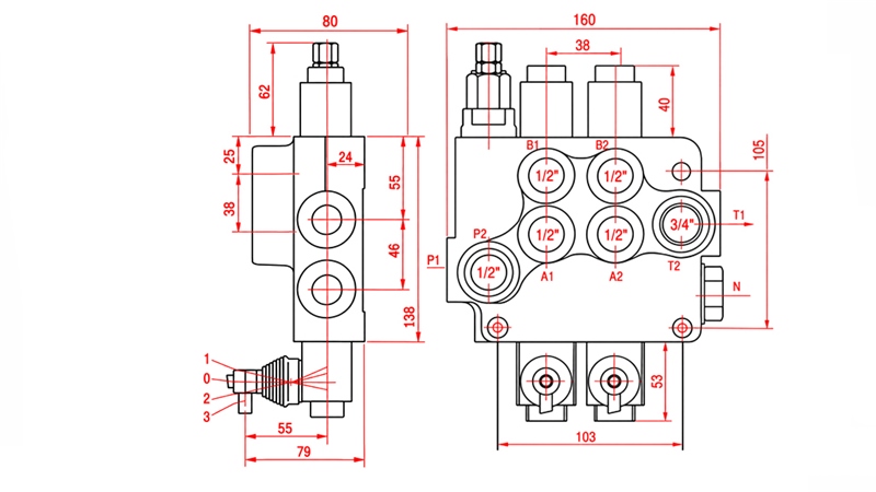 HYDRAULISCHES HANDVENTIL – 2-SEKTIONEN-STEUERVENTIL 2xR80 ECO