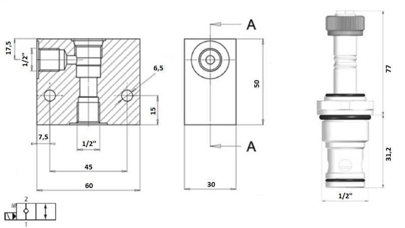 VANNE 2 VOIES 1/2 (NC) 12V - 60L - diagramme