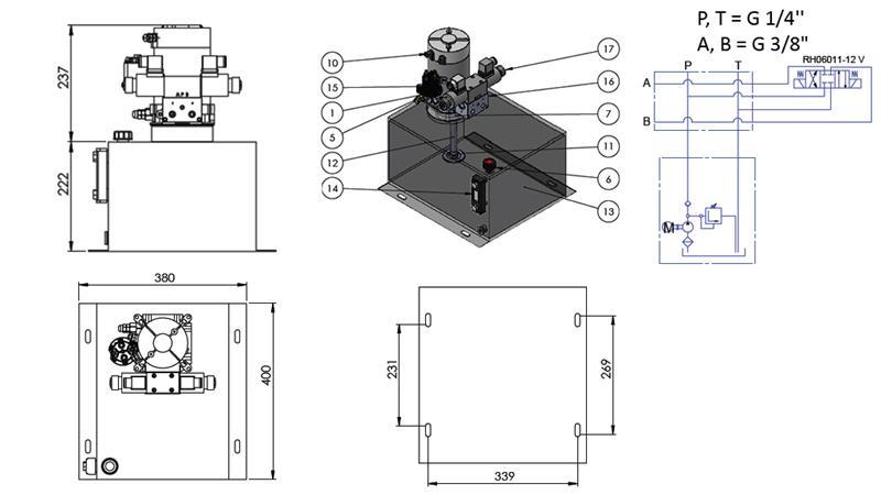 MINI AGREGAT HYDRAULICZNY 12V DC - 1.6kW = 2.1cc - 25 lit - montaż w kierunku podwójnym (metal)