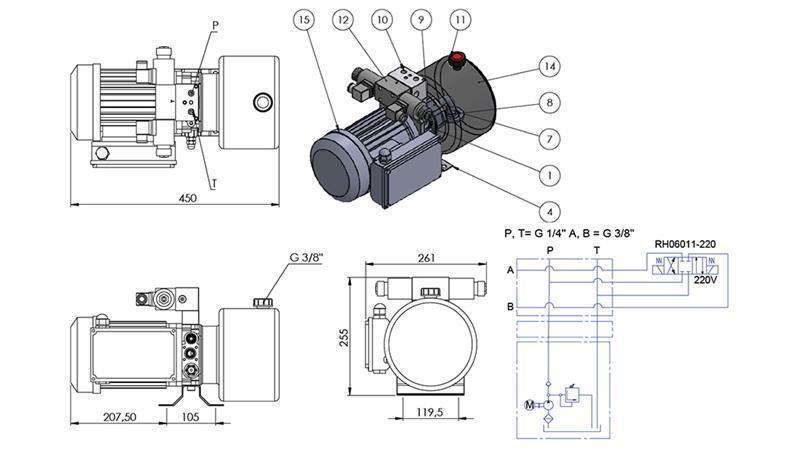 MINI HIDRAULIČKI AGREGAT 230V AC (0.75 kW) - 3.7 cc - 5.2 lit/min - rezervoar 4 lit