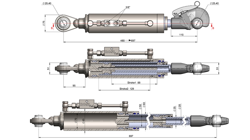 TELESKOPISCHER HYDRAULISCHER AUTOMATIK-OBERLENKER - CAT. 2 (45-95 HP) - 480-697 mm (25,4 mm)