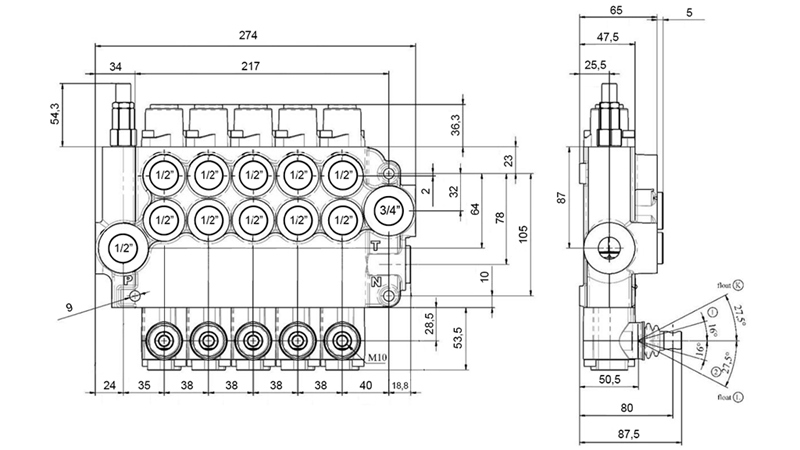 MANUAL HYDRAULIC VALVE MONOBLOCK 5xZ80