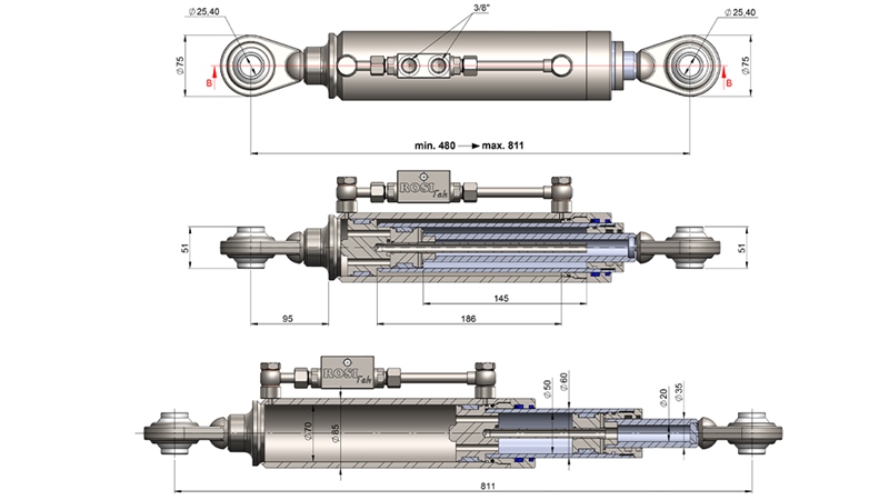 TELESCOPIC HYDRAULIC TOP LINK STANDARD - CAT. 2 (45-95 HP) - 480-811 mm (25,4/25,4 mm)