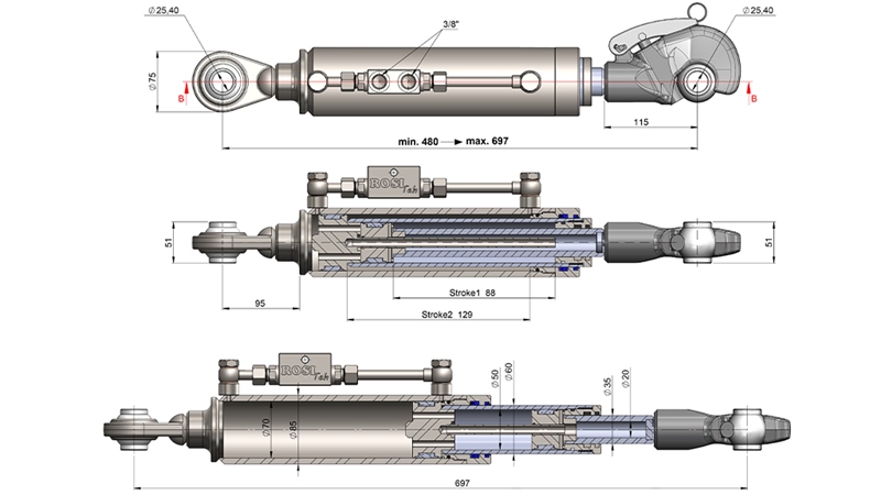 TELESKOPSKA HIDRAULIČNA POTEZNICA AUTOMATSKA - CAT. 2 (45-95 HP) - 480-697 mm (25,4 mm)