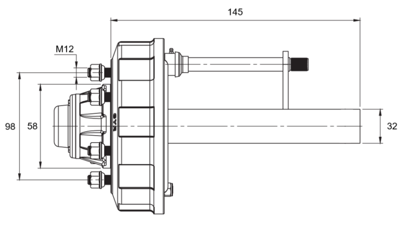 HALBACHSE MIT BREMSEN - 450 kg (4 SCHRAUBEN) - 145 mm