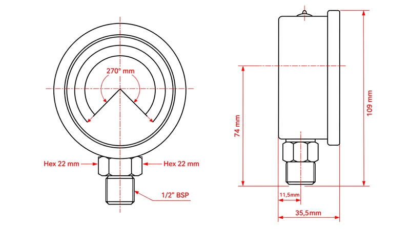 MANOMETER DN100 VERTICAL 0 - 600 BAR - 1/2