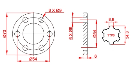 KARDANOVÝ ADAPTÉR S PŘÍRUBOU 6 OTVORŮ 1-3/8 (90 mm)