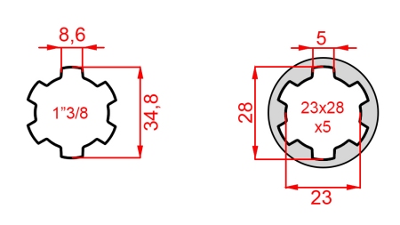 PTO ADAPTER FROM 23x28x6 (6 SPLINES) TO 1-3/8 (140 mm)