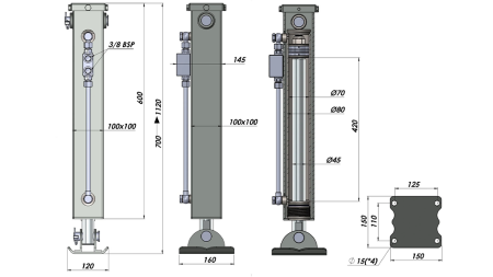 DIVPUSĒJAS DARBĪBAS HIDRAULISKĀ ATBALSTA KĀJA (100x100x700 mm) - GAJIENS 420 mm - 5.000 kg