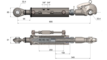 THREADED HYDRAULIC TOP LINK WITH HOOK - CAT. 3 - 80/40-250 (+95 HP) (32,2 mm)