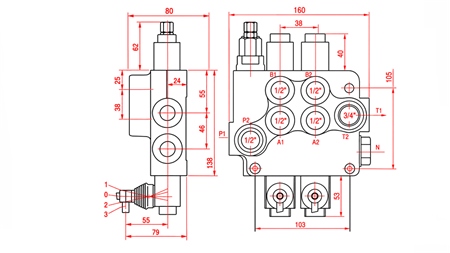 HYDRAULISCHES HANDVENTIL – 2-SEKTIONEN-STEUERVENTIL 2xR80 ECO