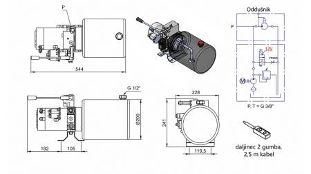 MINI HYDRAULIKAGGREGAT 12V DC - 1,6kW = 2,1cc - 8 lit - Einfachwirkende Funktion MIT HANDPUMPE
