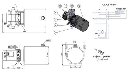 MINI AGREGAT HYDRAULICZNY 12V DC - 1.6kW = 2.1cc - 8 lit - montaż w kierunku podwójnym (metal)