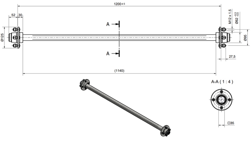 AŠIS PRIEKABAI 950 KG BE STABDŽIŲ (1200 MM)