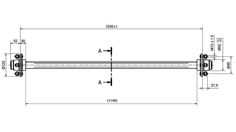 ACHSE FÜR ANHÄNGER 950 kg OHNE BREMSEN ( 1200 mm )