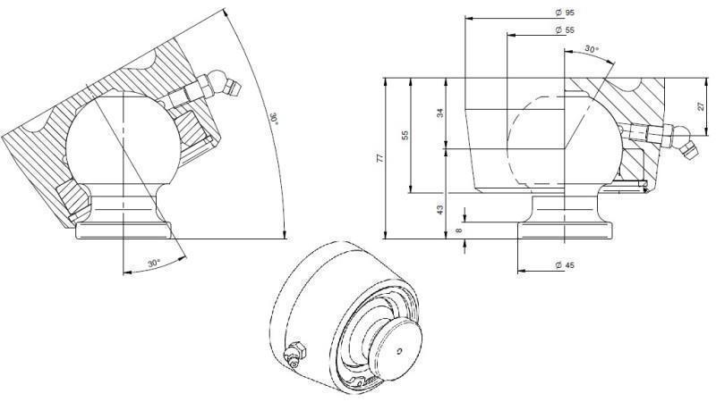 BALLHEAD SWINGING END FOR CYLINDER Dia. 55 max. 15 Ton