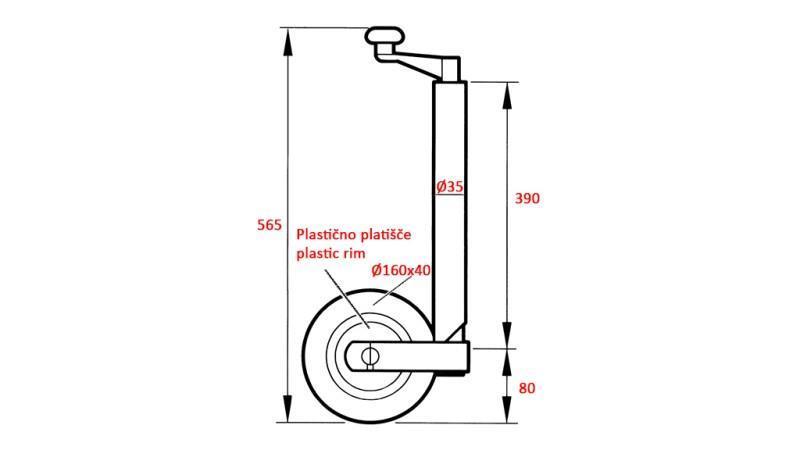 GEWINDESTÜTZE MIT RAD FÜR ANHÄNGER 35mm 75 kg