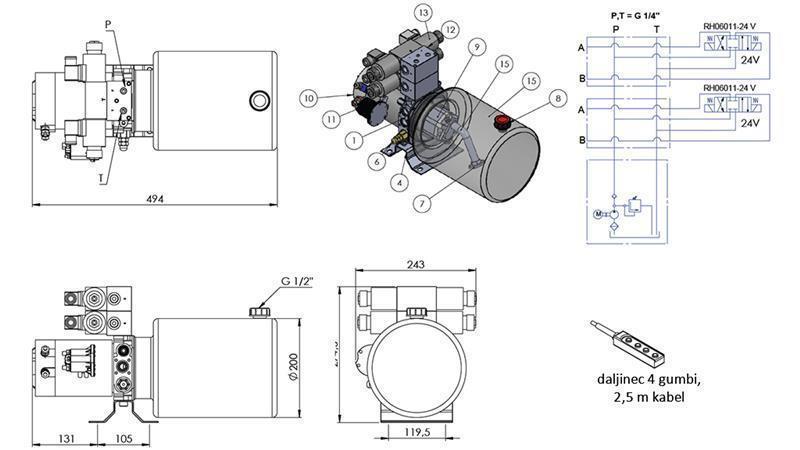 MINI HYDRAULIKAGGREGAT 24V DC - 2,2kW = 2,1cc - 8 lit - 2x Doppelwirkende Funktion (Metallgehäuse)