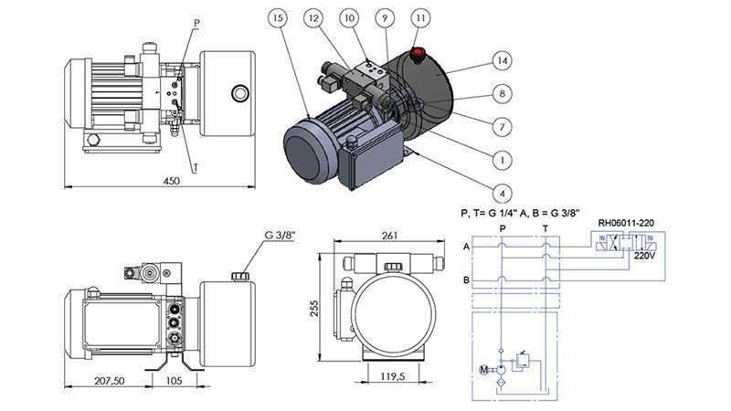 MINI HYDRAULICKÁ JEDNOTKA 230V AC (0,75 kW) - 3,7 cc - 5,2 lit/min - nádrž 4 lit