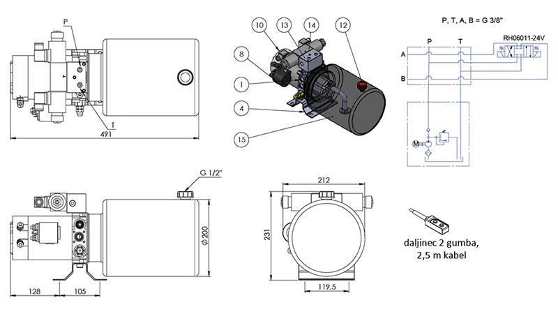 MINI HIDRAVLIČNI AGREGAT 24V DC - 2,2kW = 2,1cc - 8 lit - dvosmerni sklop (kovinski)