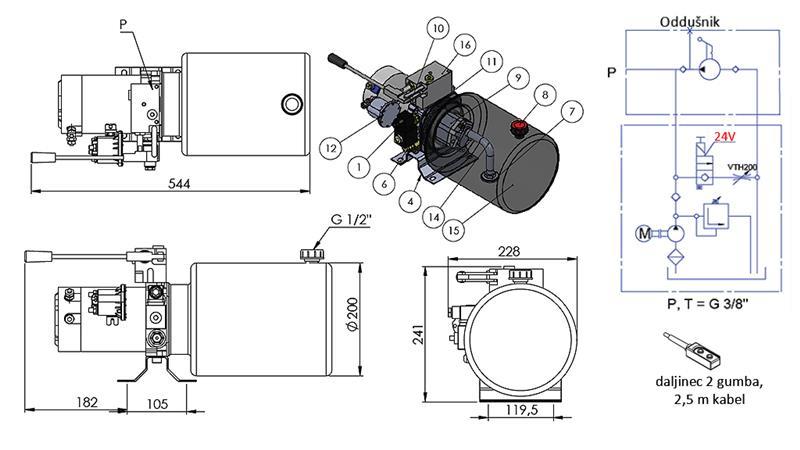 MINI HIDRAVLIČNI AGREGAT 24V DC - 2,2kW = 2,1cc - 8 lit - enosmerni sklop Z ROČNO ČRPALKO