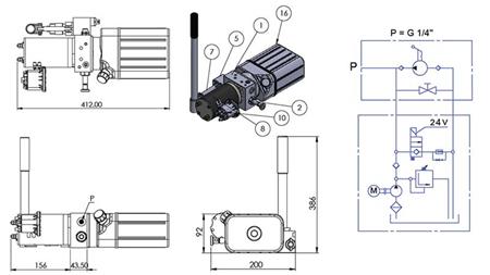 MINI HYDRAULICKÁ JEDNOTKA 24V DC - 0,8kW = 0,5cc - 1,5 lit - jednosmerný (PVC) s ručnou pumpou