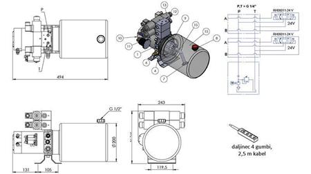 MINI HIDRAULIČNI AGREGAT 24V DC - 2,2kW = 2,1cc - 8 lit - 2x dvosmjerni sklop (kovinski)