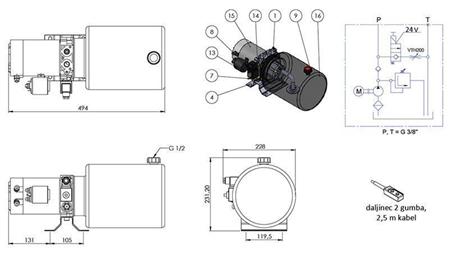 MINI HIDRAVLIČNI AGREGAT 24V DC - 2,2kW = 2,1cc - 8 lit - enosmerni sklop (kovinski)