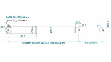 ELEKTRIČNI CILINDER 12V 80kg-12mm/sek HOD 500mm - dimenzije