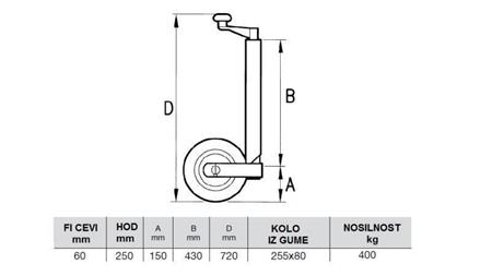 POTPORNA NOGA AUTO PRIKOLICE 250mm-400kg