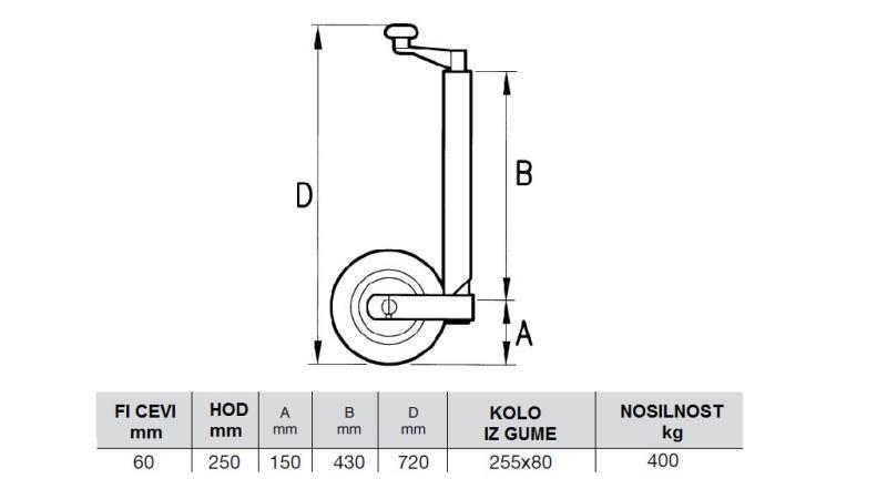 POTPORNA NOGA AUTO PRIKOLICE 250mm-400kg